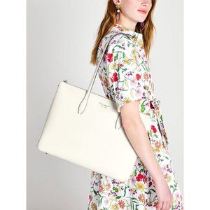 New Kate Spade All Day Large Zip-Top Tote Crossgrain Leather Parchment